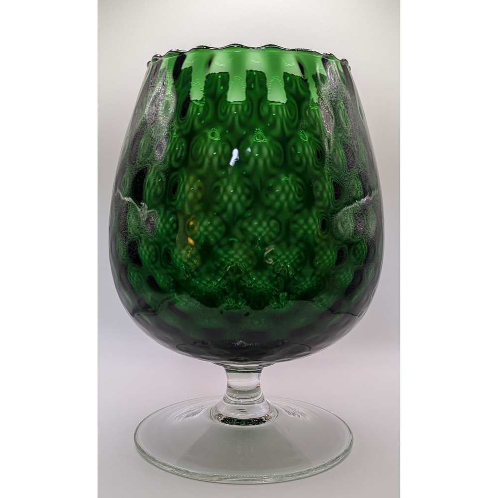 Vintage MCM Empoli Large Emerald Green Diamond Snifter W/Clear Footed Base 7.75"